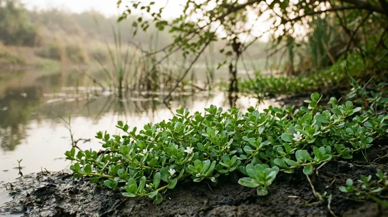 A creeping bacopa plant with small green leaves and white flowers at the muddy edge of a pond
