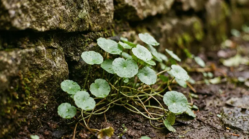 Round scalloped gotu kola leaves on thin stems growing in damp soil beside a stone wall