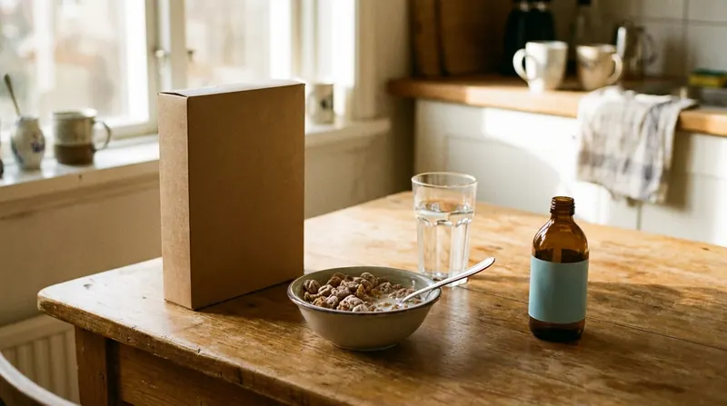 A bowl of frosted cereal beside its box, a glass of water and a small amber bottle on a kitchen table