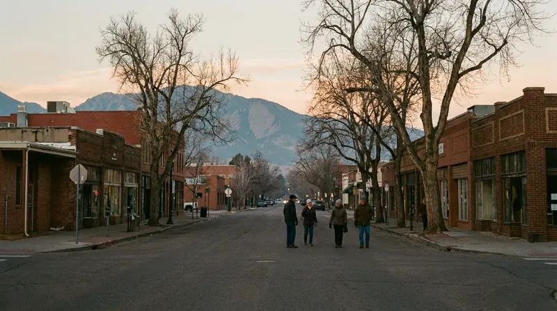 A quiet Boulder street at dawn with bare trees and the foothills faint at the end