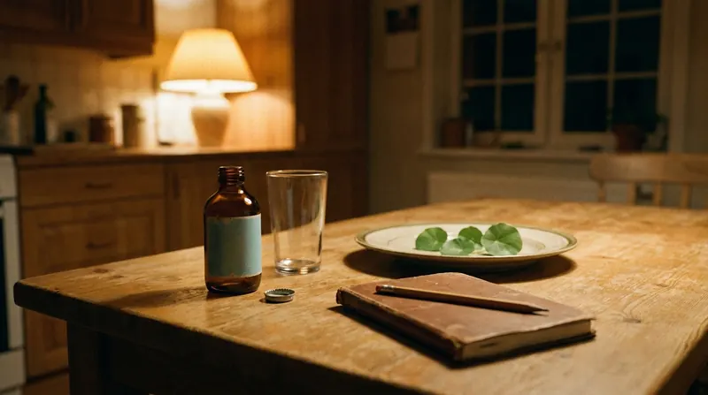 A kitchen table with a small amber bottle, an empty glass, a few green leaves on a plate and a closed notebook with a pencil