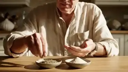 A man in his sixties comparing a pinch of coarse dried herb with a pinch of fine pale powder at a kitchen table