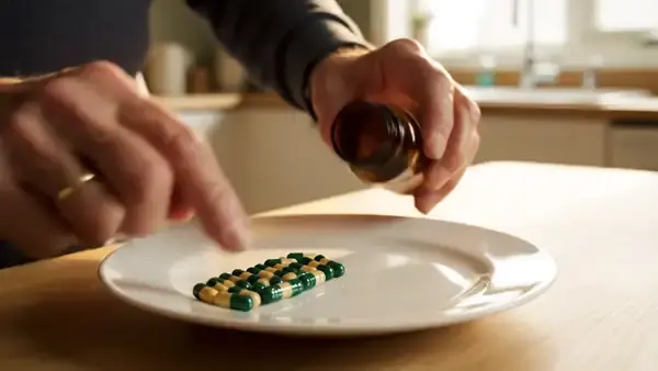 A man's hands counting capsules from an amber bottle into short rows on a white plate
