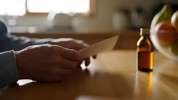 A man's hands turning over a short printed page to find the back blank, beside a small amber bottle