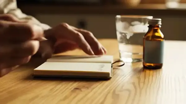 A man's hands writing a line in a small notebook beside a glass of water and a small amber bottle